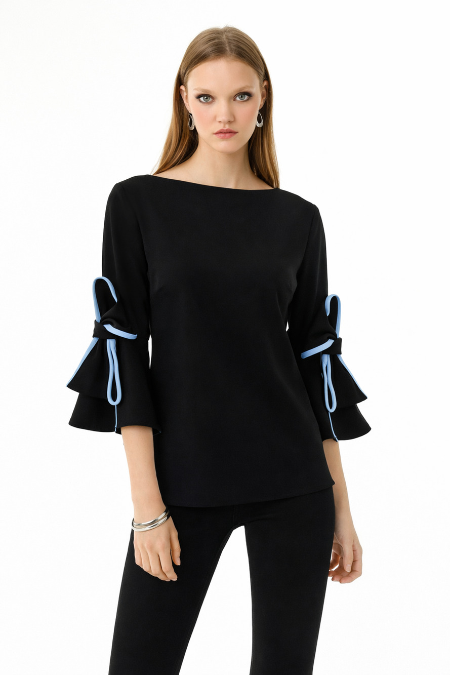 Alberto Makali Boat Neck Black Light Blue Trim Bow Bell Sleeve Blouse Elegant M
